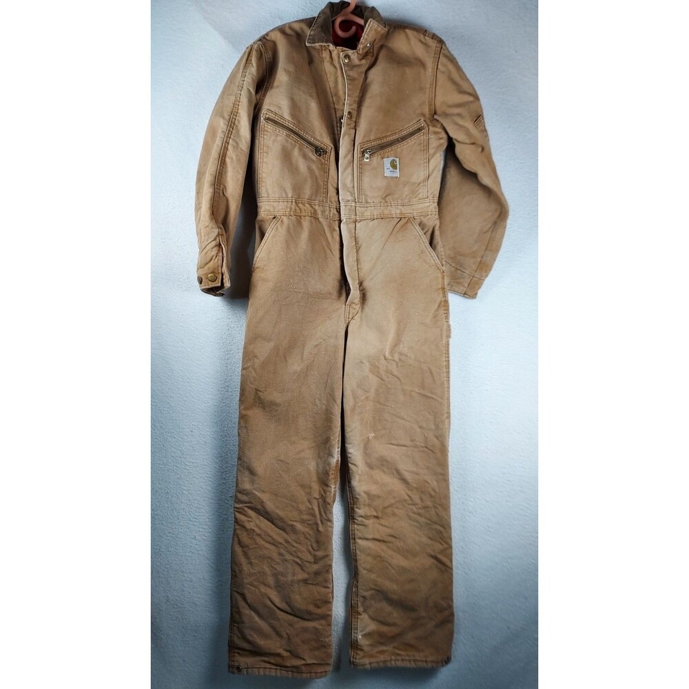 Carhartt Mens 36R Insulated Duck Coveralls Tan Zip Pockets Snap Front USA